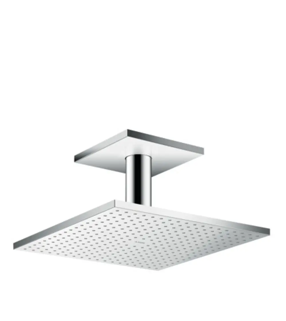 Kopfbrause mit quadratischem Design und Deckenanschluss in Chrom, hergestellt von AXOR, präsentiert eine gleichmäßige Wasserverteilung durch integrierte Düsen.
